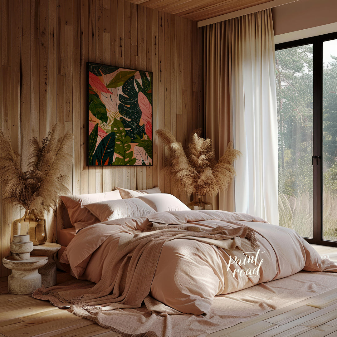 This artwork presents a dense arrangement of stylized leaves, rendered in a palette of deep greens,… for bedroom