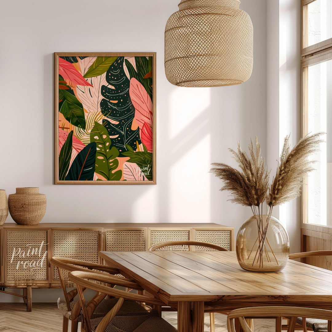 This artwork presents a dense arrangement of stylized leaves, rendered in a palette of deep greens,… for dining room