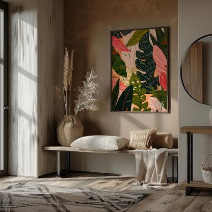 This artwork presents a dense arrangement of stylized leaves, rendered in a palette of deep greens,… for entryway