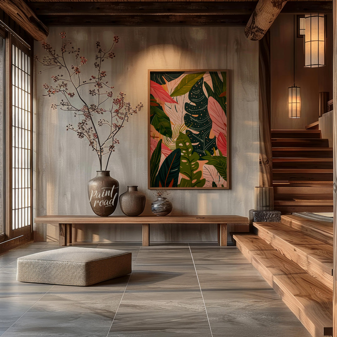 This artwork presents a dense arrangement of stylized leaves, rendered in a palette of deep greens,… for entryway