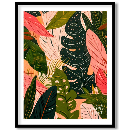This artwork presents a dense arrangement of stylized leaves, rendered in a palette of deep greens,… for home