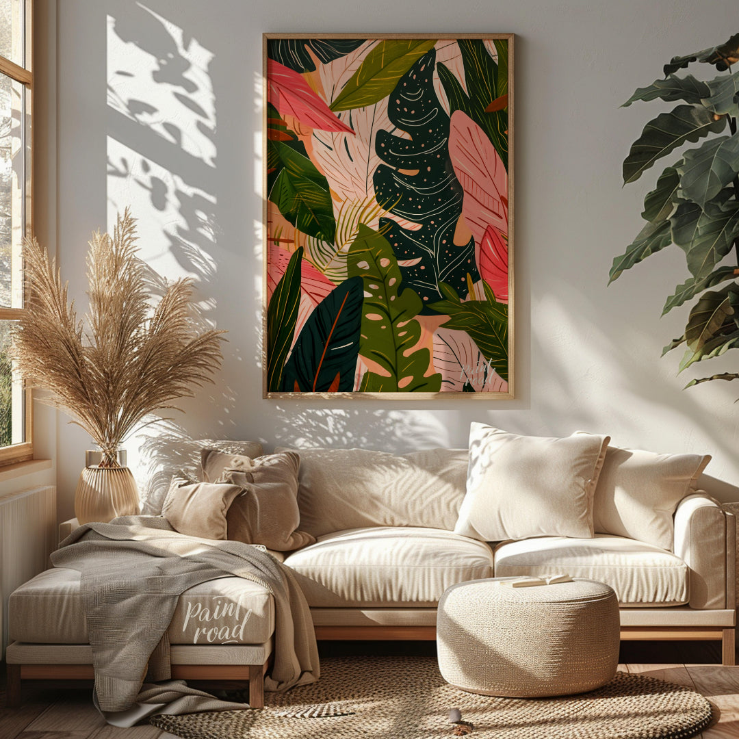 This artwork presents a dense arrangement of stylized leaves, rendered in a palette of deep greens,… for living room