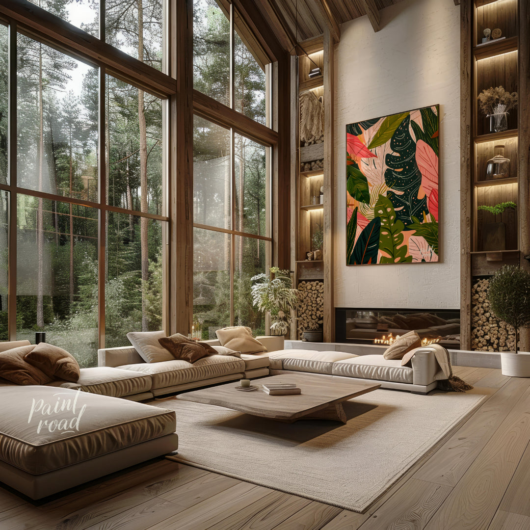 This artwork presents a dense arrangement of stylized leaves, rendered in a palette of deep greens,… for living room