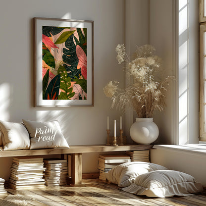 This artwork presents a dense arrangement of stylized leaves, rendered in a palette of deep greens,… for living room