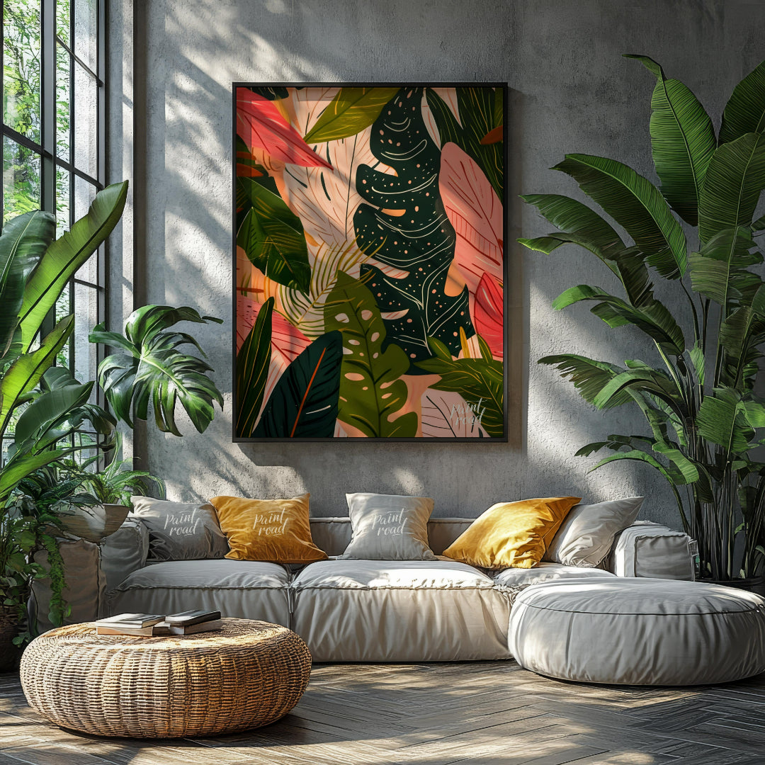 This artwork presents a dense arrangement of stylized leaves, rendered in a palette of deep greens,… for living room