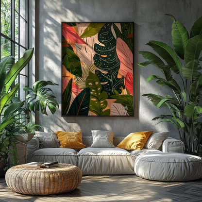 This artwork presents a dense arrangement of stylized leaves, rendered in a palette of deep greens,… for living room
