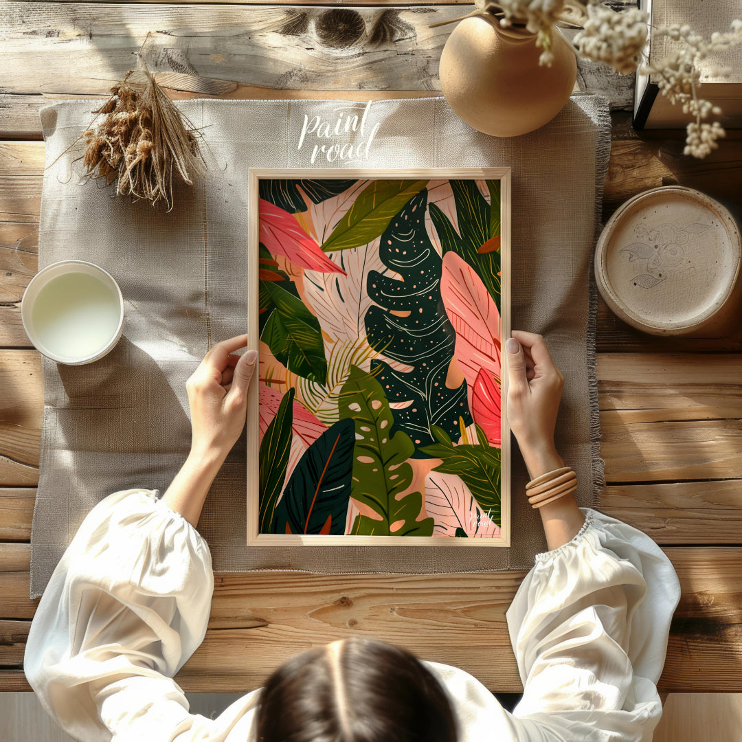This artwork presents a dense arrangement of stylized leaves, rendered in a palette of deep greens,… for other