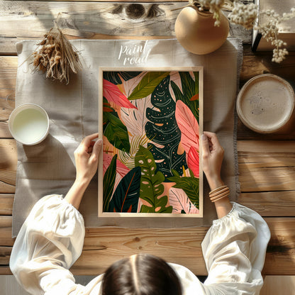 This artwork presents a dense arrangement of stylized leaves, rendered in a palette of deep greens,… for other