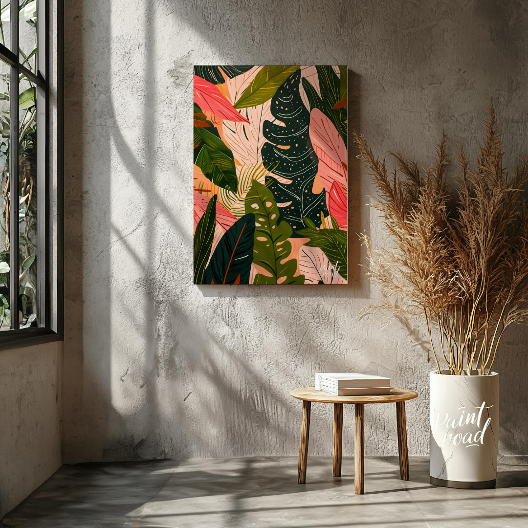 This artwork presents a dense arrangement of stylized leaves, rendered in a palette of deep greens,… for other