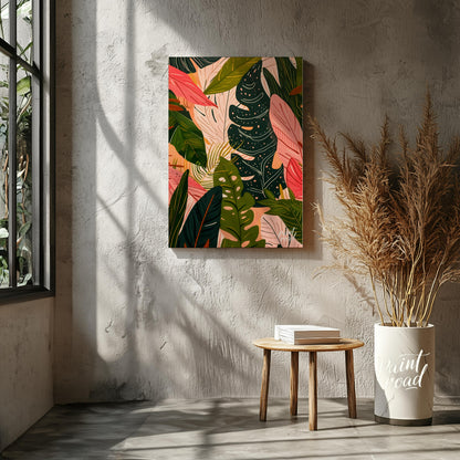 This artwork presents a dense arrangement of stylized leaves, rendered in a palette of deep greens,… for other