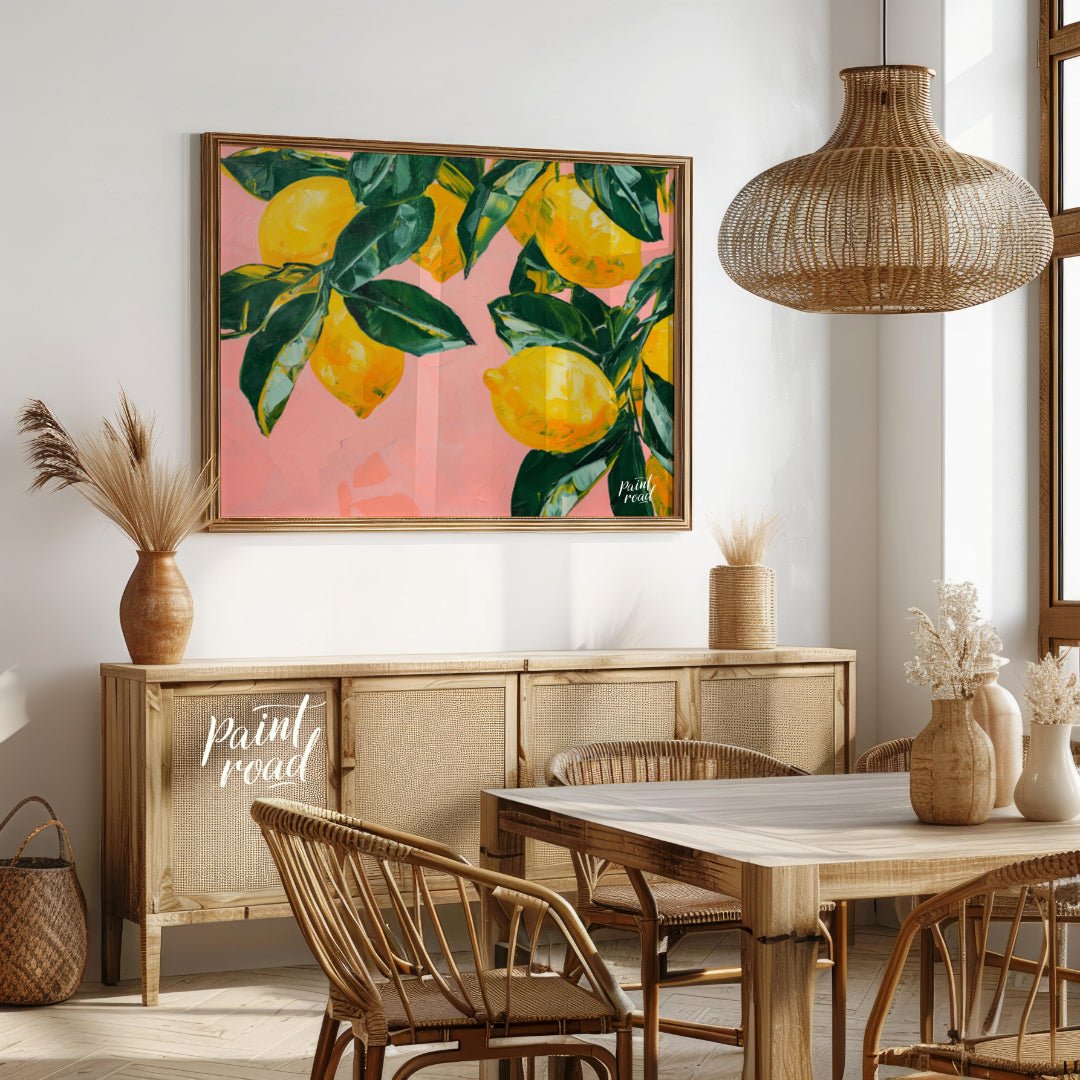 "Lemon Grove" presents a vibrant still life painting of lemons and leaves against a soft pink backd… for dining room
