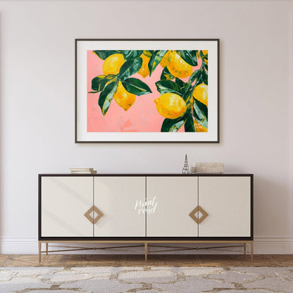 "Lemon Grove" presents a vibrant still life painting of lemons and leaves against a soft pink backd… for dining room