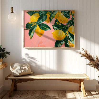 "Lemon Grove" presents a vibrant still life painting of lemons and leaves against a soft pink backd… for entryway