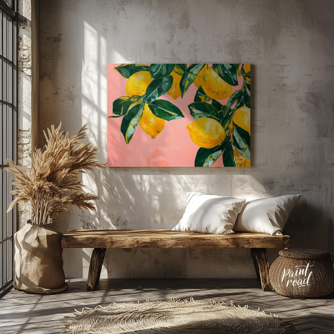 "Lemon Grove" presents a vibrant still life painting of lemons and leaves against a soft pink backd… for entryway