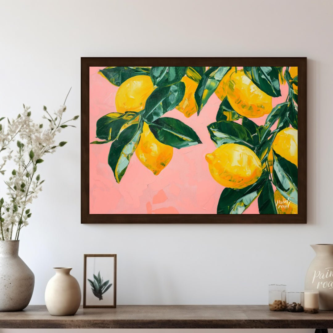 "Lemon Grove" presents a vibrant still life painting of lemons and leaves against a soft pink backd… for living room