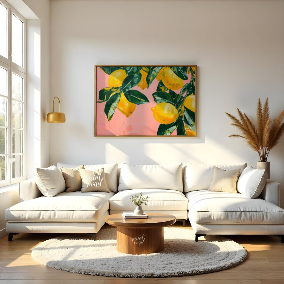 "Lemon Grove" presents a vibrant still life painting of lemons and leaves against a soft pink backd… for living room