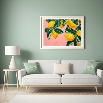 "Lemon Grove" presents a vibrant still life painting of lemons and leaves against a soft pink backd… for living room