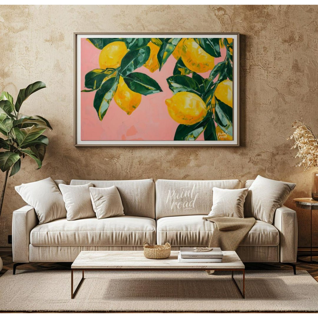 "Lemon Grove" presents a vibrant still life painting of lemons and leaves against a soft pink backd… for living room