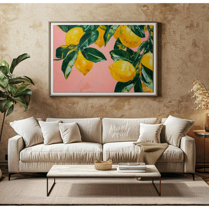 "Lemon Grove" presents a vibrant still life painting of lemons and leaves against a soft pink backd… for living room