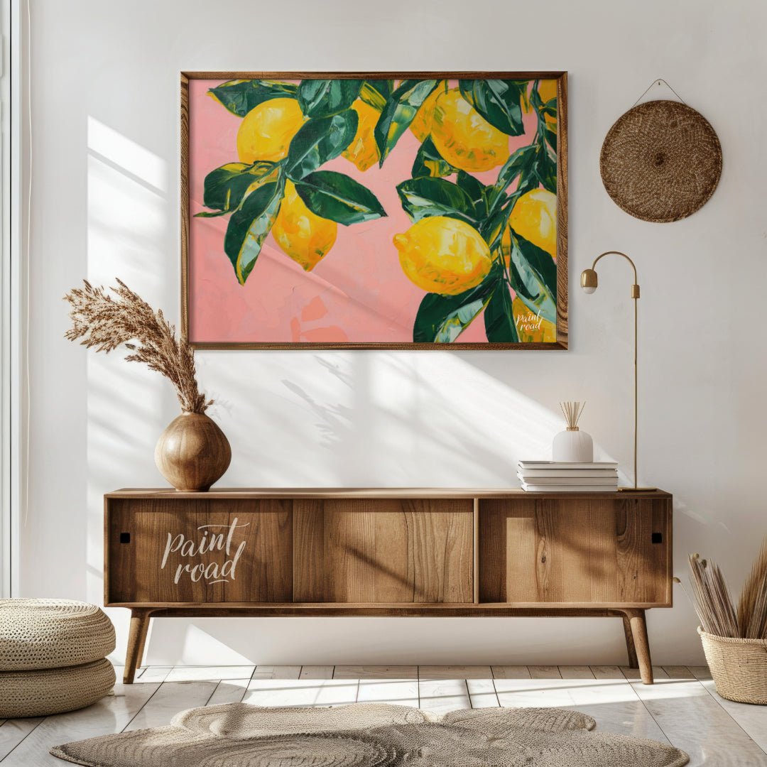"Lemon Grove" presents a vibrant still life painting of lemons and leaves against a soft pink backd… for living room