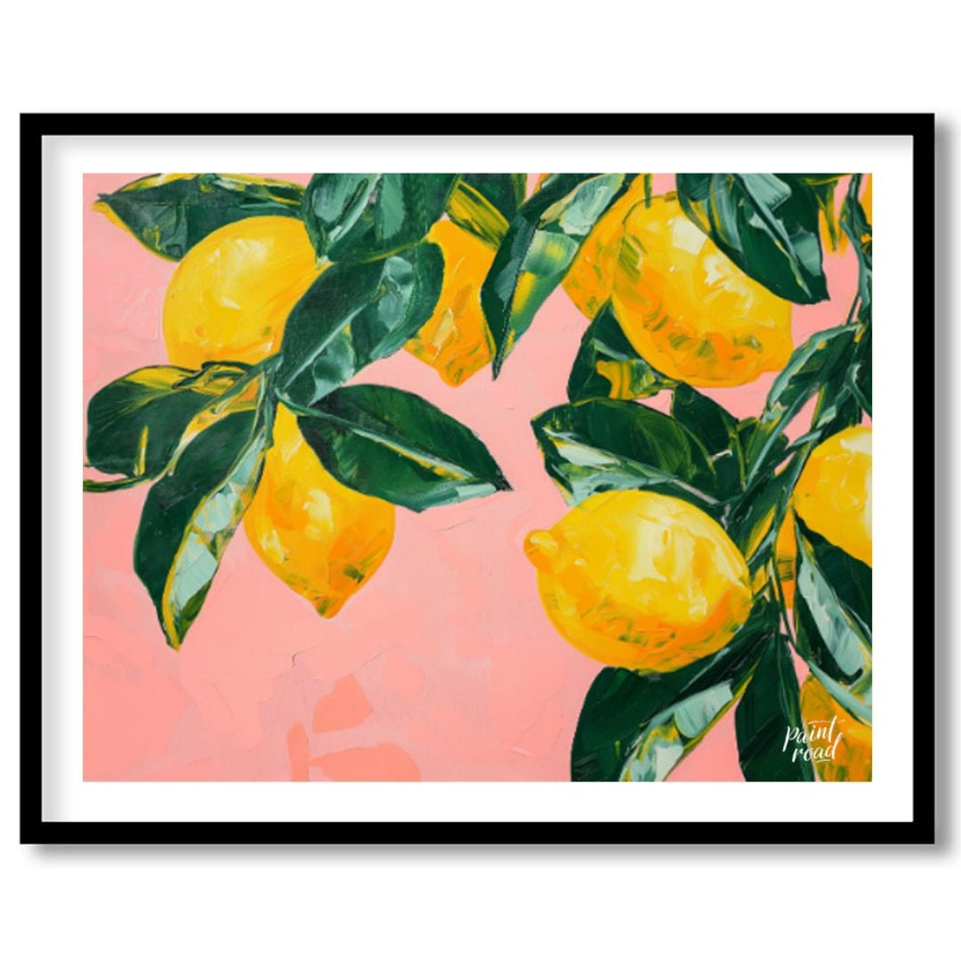 "Lemon Grove" presents a vibrant still life painting of lemons and leaves against a soft pink backd… for room