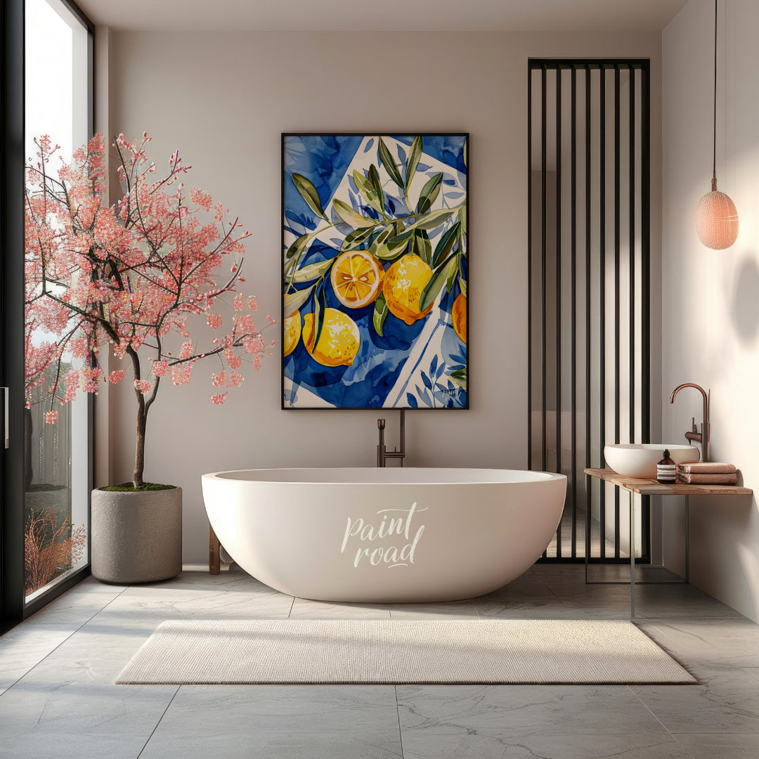 This watercolor painting captures a vibrant still life with lemons and olive branches set against a… for bathroom