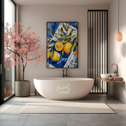 This watercolor painting captures a vibrant still life with lemons and olive branches set against a… for bathroom