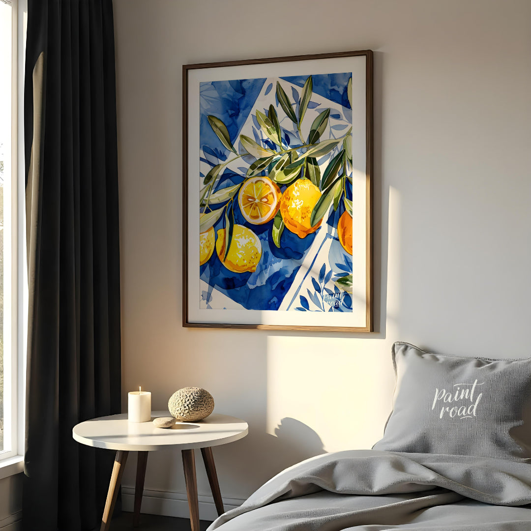 This watercolor painting captures a vibrant still life with lemons and olive branches set against a… for bedroom