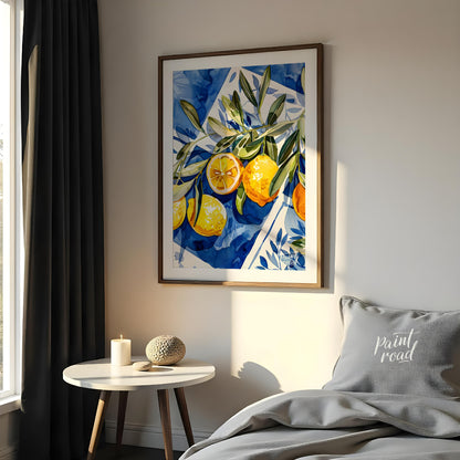 This watercolor painting captures a vibrant still life with lemons and olive branches set against a… for bedroom