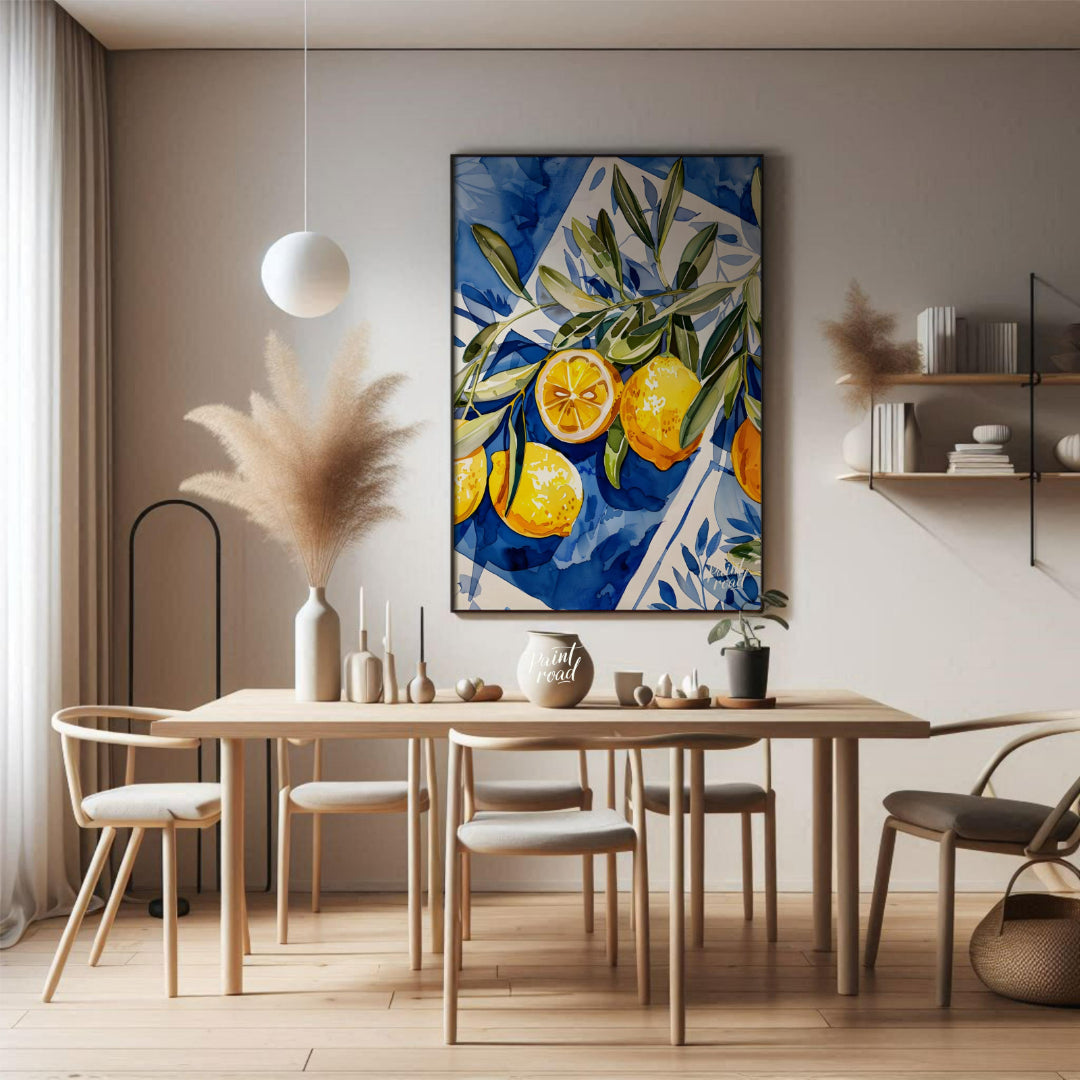 This watercolor painting captures a vibrant still life with lemons and olive branches set against a… for dining room
