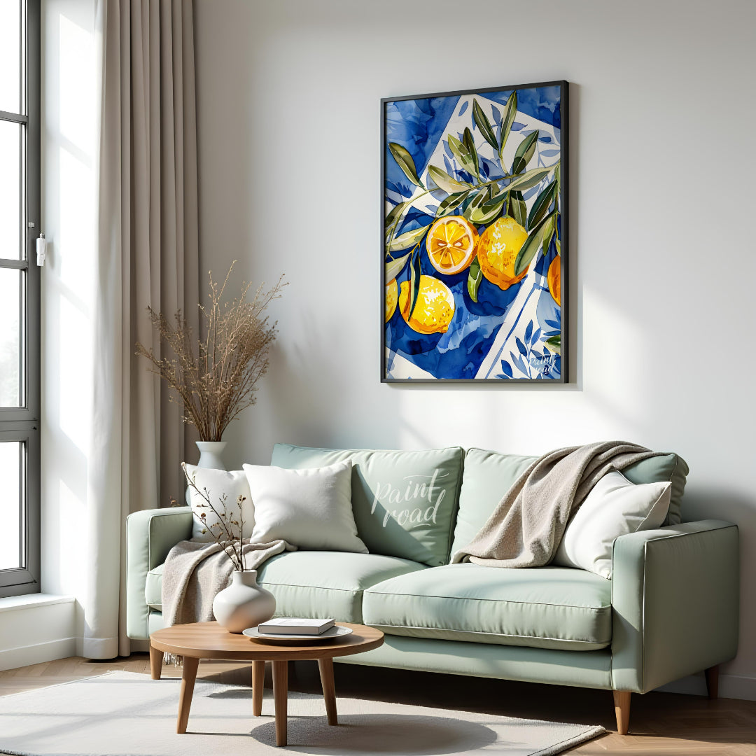 This watercolor painting captures a vibrant still life with lemons and olive branches set against a… for living room