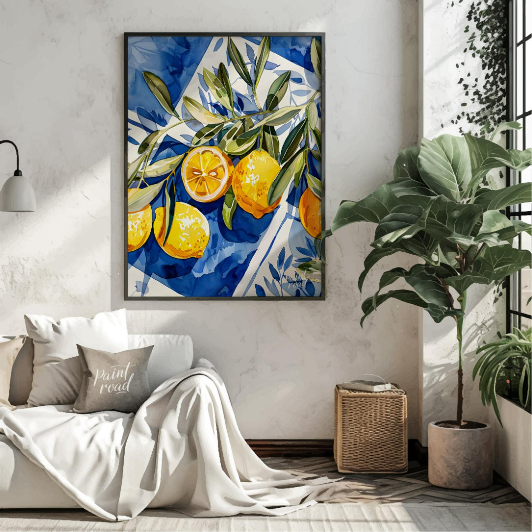 This watercolor painting captures a vibrant still life with lemons and olive branches set against a… for living room