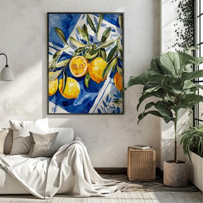 This watercolor painting captures a vibrant still life with lemons and olive branches set against a… for living room