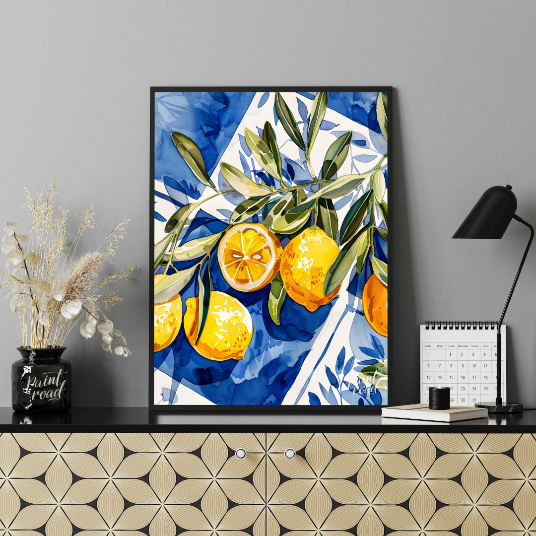 This watercolor painting captures a vibrant still life with lemons and olive branches set against a… for office