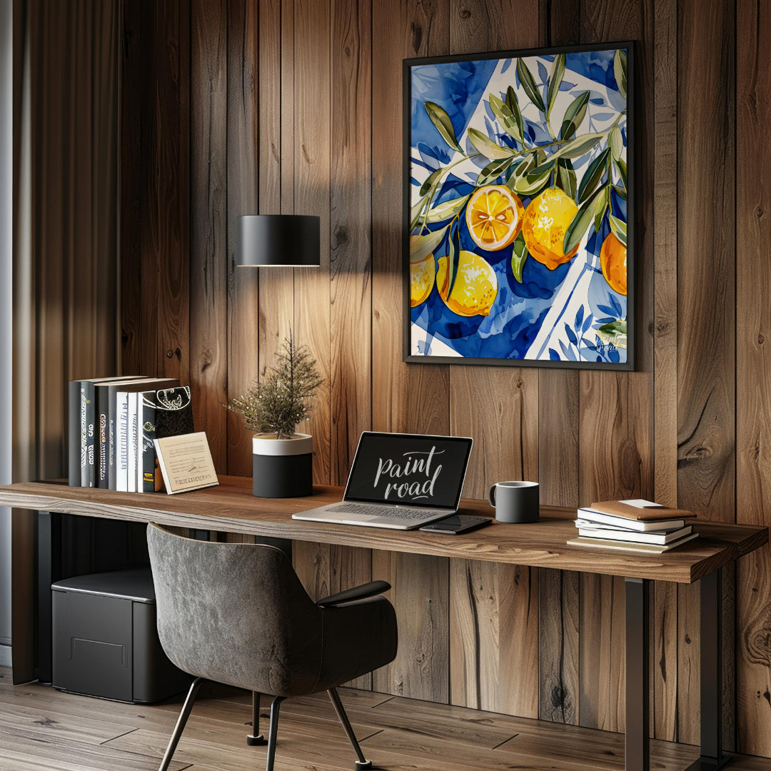 This watercolor painting captures a vibrant still life with lemons and olive branches set against a… for office