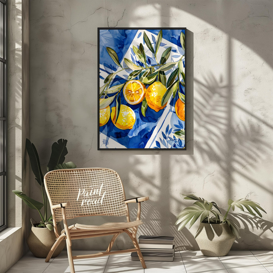 This watercolor painting captures a vibrant still life with lemons and olive branches set against a… for other