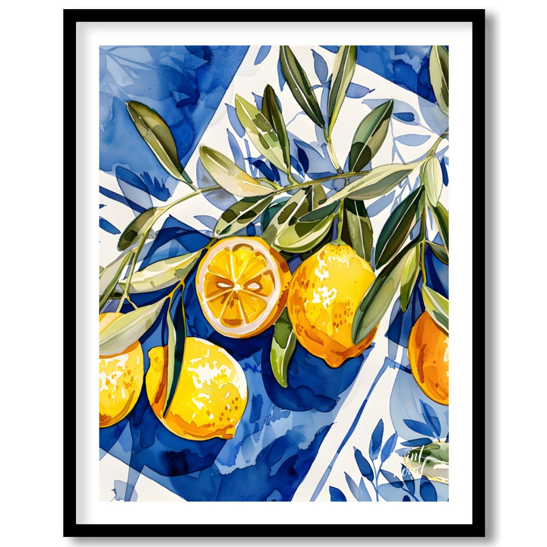 This watercolor painting captures a vibrant still life with lemons and olive branches set against a… for room