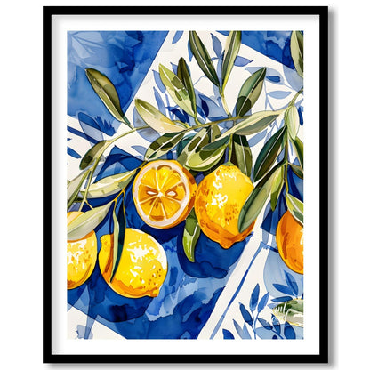 This watercolor painting captures a vibrant still life with lemons and olive branches set against a… for room
