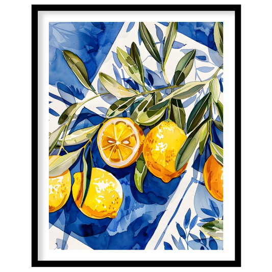 This watercolor painting captures a vibrant still life with lemons and olive branches set against a… for room