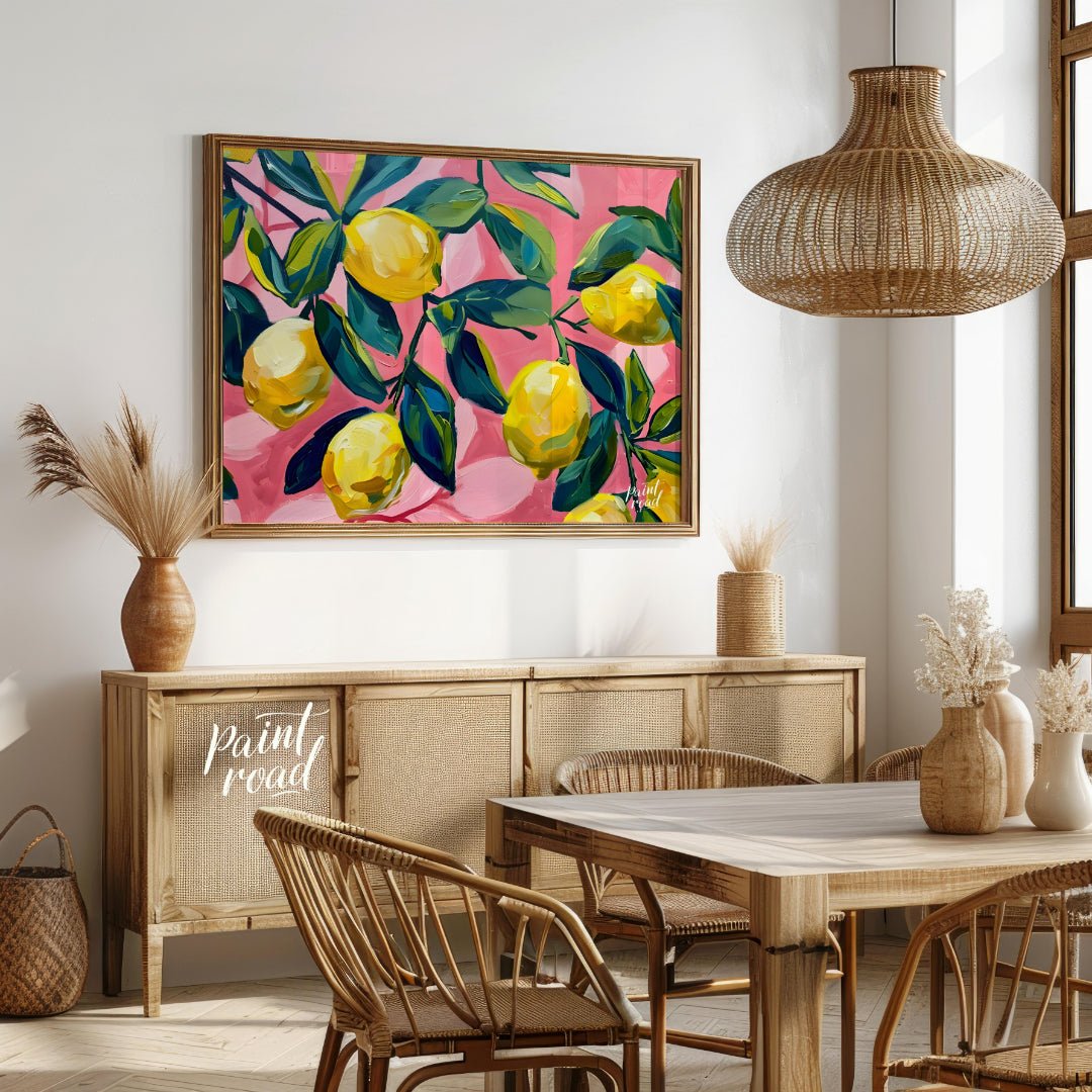 This vibrant art captures the vibrant beauty of sun-ripened lemons on a branch against a bold pink … for dining room