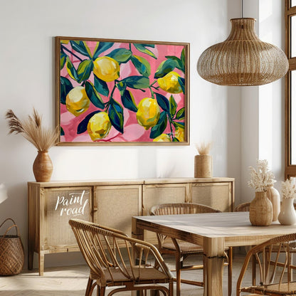 This vibrant art captures the vibrant beauty of sun-ripened lemons on a branch against a bold pink … for dining room