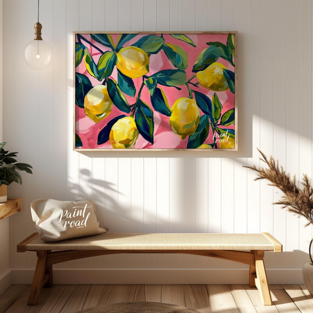 This vibrant art captures the vibrant beauty of sun-ripened lemons on a branch against a bold pink … for entryway