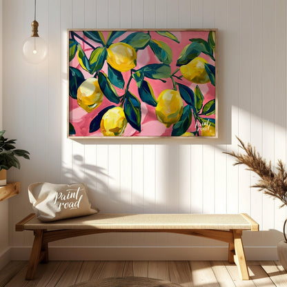This vibrant art captures the vibrant beauty of sun-ripened lemons on a branch against a bold pink … for entryway