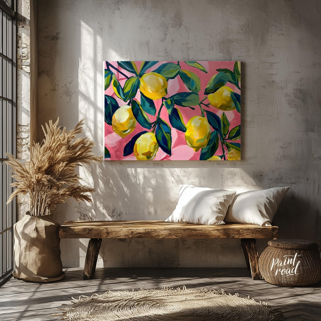 This vibrant art captures the vibrant beauty of sun-ripened lemons on a branch against a bold pink … for entryway