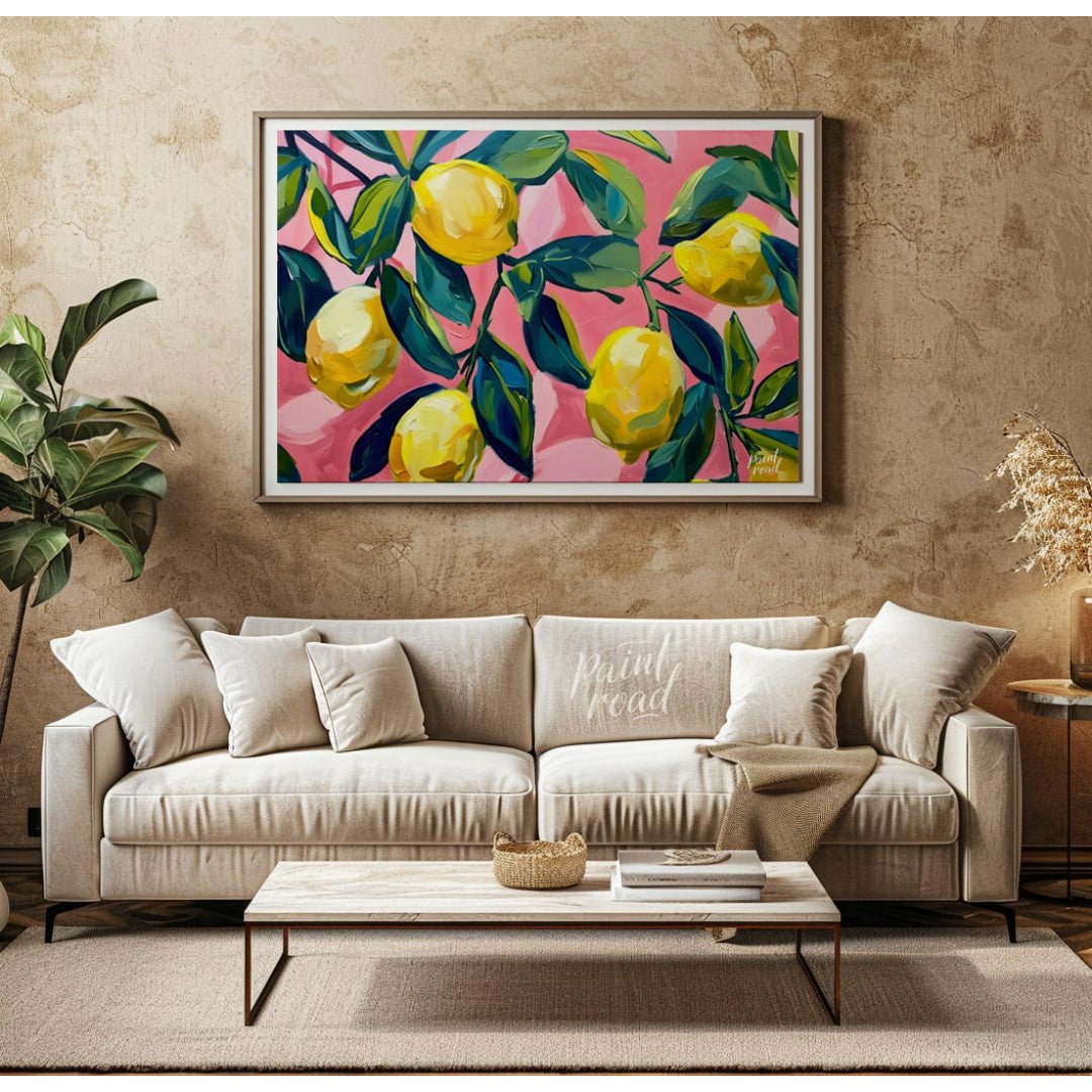 This vibrant art captures the vibrant beauty of sun-ripened lemons on a branch against a bold pink … for living room