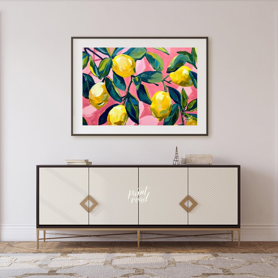 This vibrant art captures the vibrant beauty of sun-ripened lemons on a branch against a bold pink … for living room