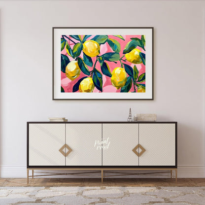 This vibrant art captures the vibrant beauty of sun-ripened lemons on a branch against a bold pink … for living room