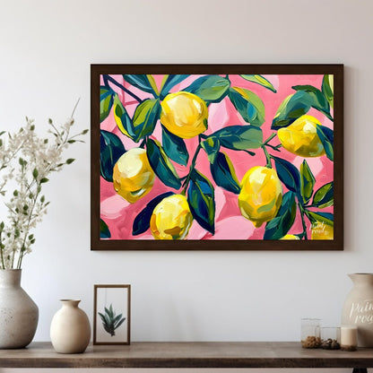 This vibrant art captures the vibrant beauty of sun-ripened lemons on a branch against a bold pink … for other