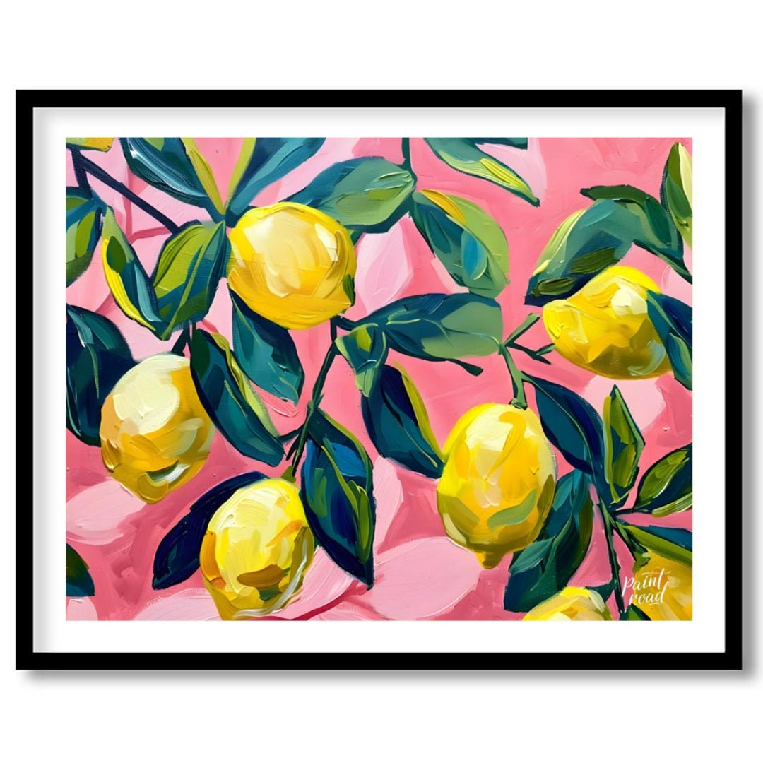 This vibrant art captures the vibrant beauty of sun-ripened lemons on a branch against a bold pink … for room