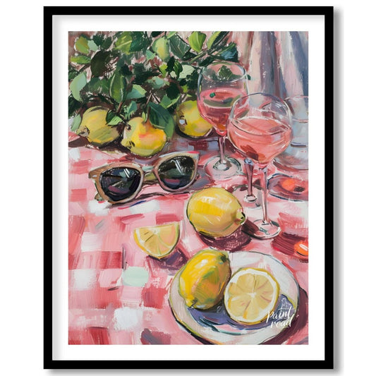 This charming painting captures a sun-drenched picnic scene, featuring ripe lemons, rosé wine glass… for abode